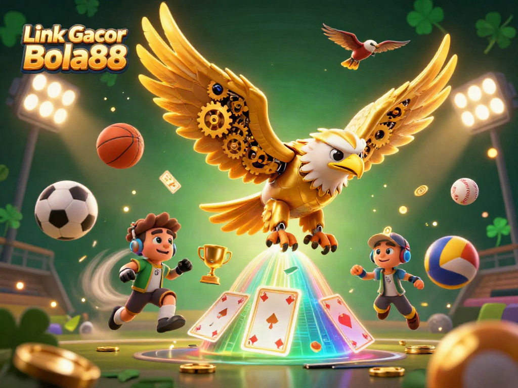 Experience the thrill of Link Gacor Bola88 with this dynamic 3D scene of gambling excitement.