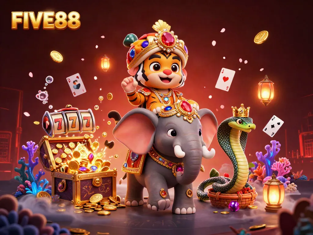 Experience thrilling excitement with FIVE88: a vibrant 3D casino illustration featuring a tiger, jewels, and slot reels.