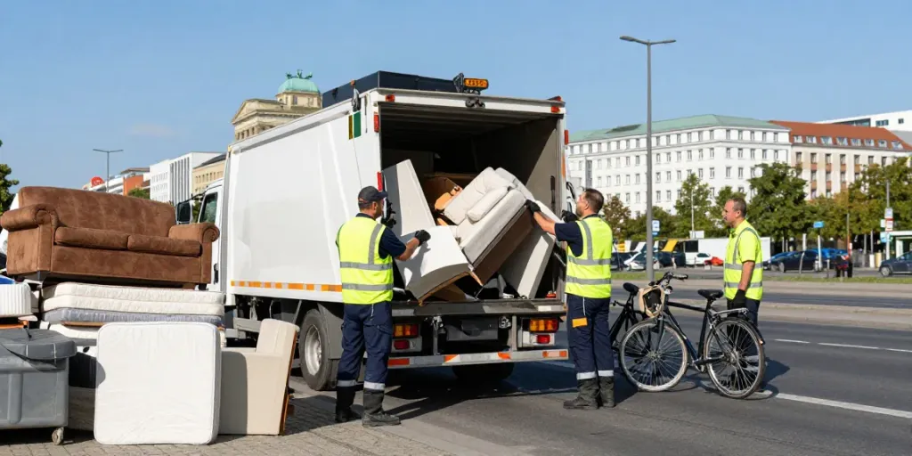 Sperrmüll Abholung Berlin: Professionelles Team lädt Möbel auf ein Fahrzeug, umweltfreundliche Müllentsorgung in urbaner Umgebung.