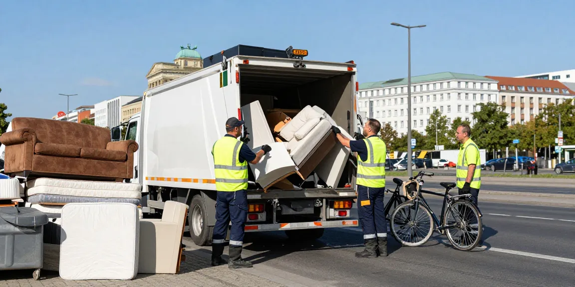 Sperrmüll Abholung Berlin: Professionelles Team lädt Möbel auf ein Fahrzeug, umweltfreundliche Müllentsorgung in urbaner Umgebung.