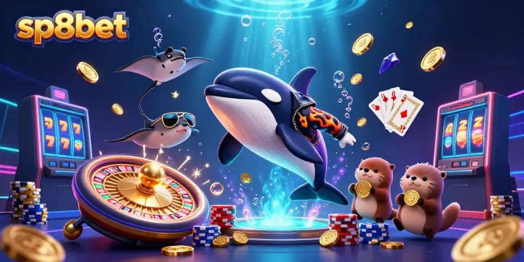 Experience the excitement of sp8bet with a dynamic 3D illustration showcasing animated casino elements and characters.