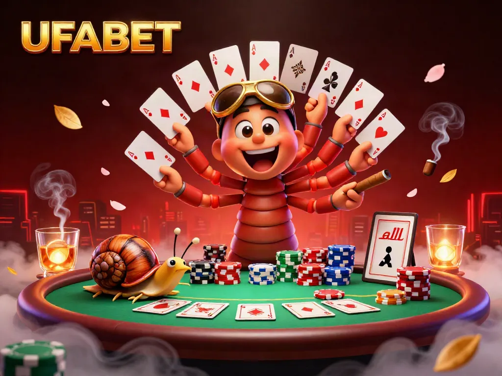 Engage with UFABET's dynamic poker scene featuring playful characters and vibrant game elements.