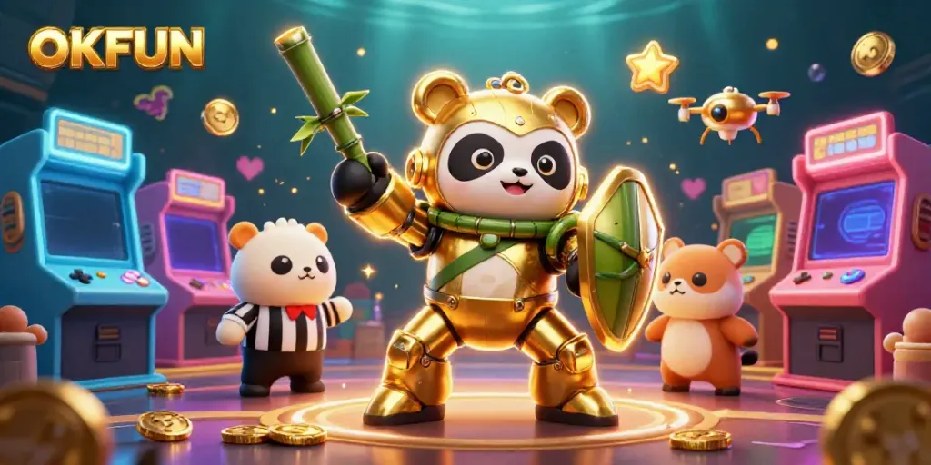 OKFUN gaming scene featuring a golden panda robot amidst vibrant arcade and casino elements