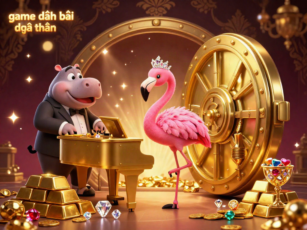 Engaging scene featuring game đánh bài đổi thưởng with a flamingo singer and hippo bassist amid bursting treasure vaults and gems.