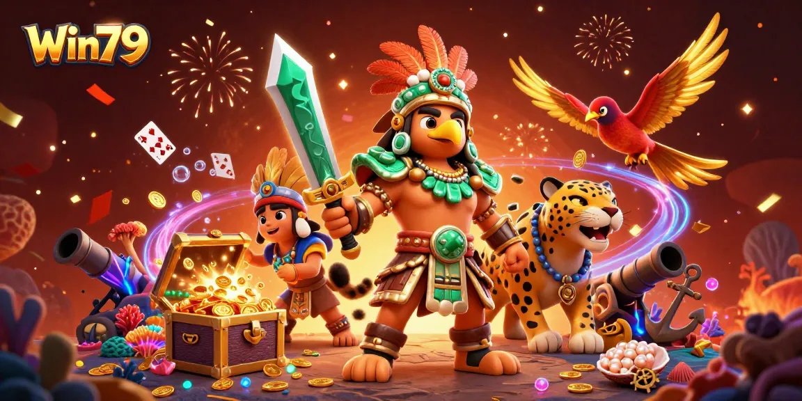 Experience thrilling gameplay at Win79 with vibrant characters, sparkling jewels, and energetic casino elements.