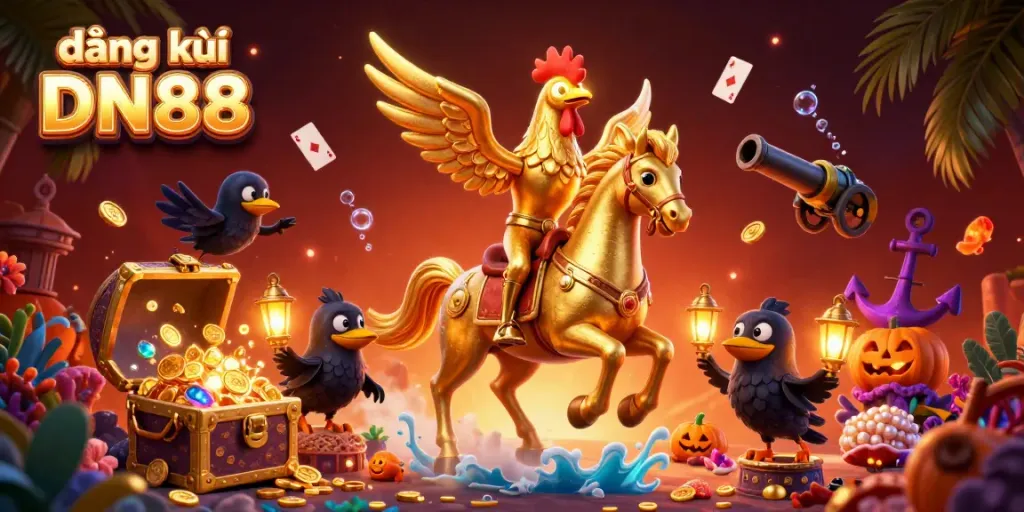 Experience the vibrant excitement of đăng ký DN88 in a magical casino setting with golden treasures and captivating characters.
