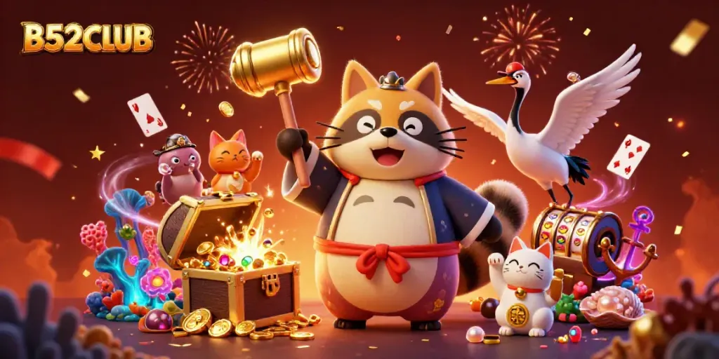 Experience B52CLUB with vibrant 3D illustration showcasing festive tanuki, games, and lucky symbols.