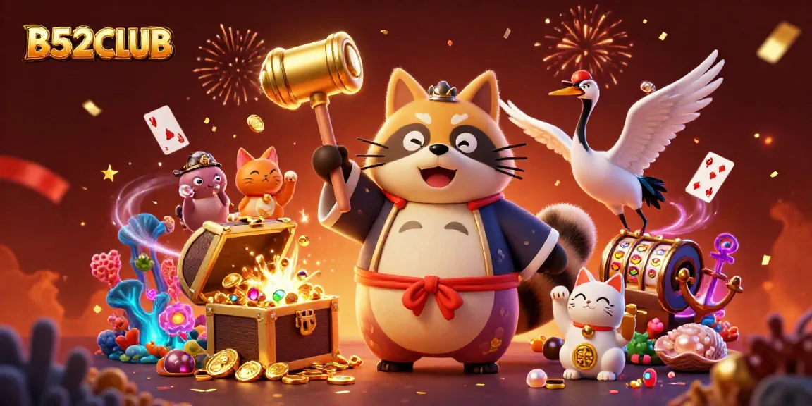 Experience B52CLUB with vibrant 3D illustration showcasing festive tanuki, games, and lucky symbols.