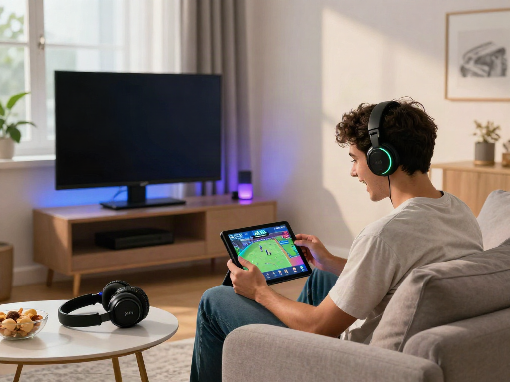 Engaged player enjoying mobile gaming experience on UK88 platform in a stylish living room.