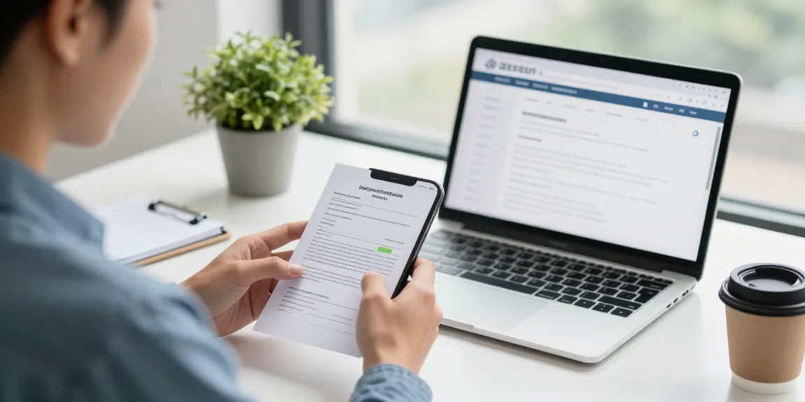 Arbeitszeugnis prüfen: Person analysiert Referenzschreiben sicher mit Smartphone Kamera in professionellem Büro