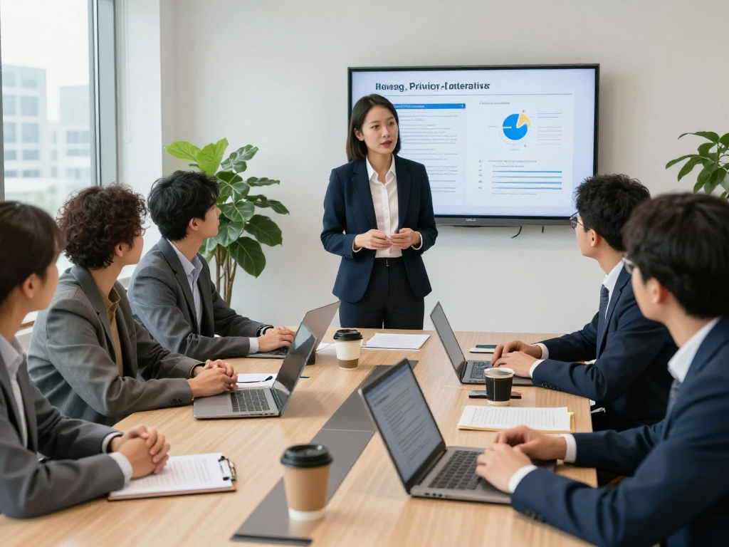 Wirtschaft und Verwaltung Wohnungsbaugenossenschaften in einem professionellen Beratungsgespräch zur Datenverarbeitung und Barrierefreiheit.
