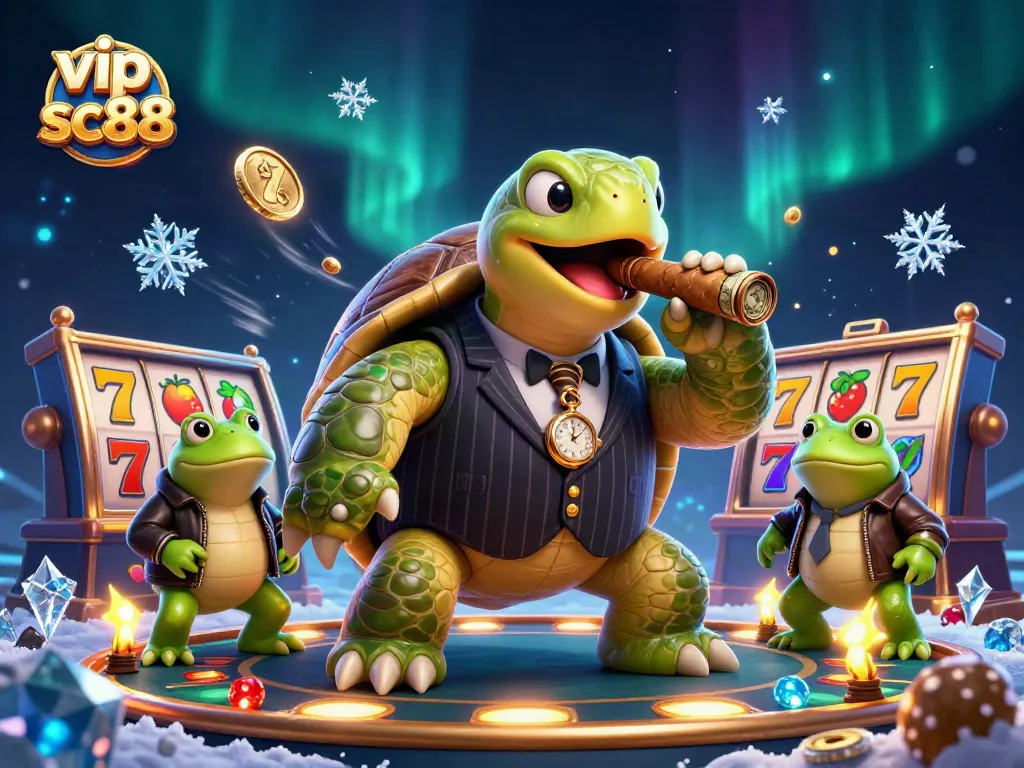 Experience the thrill of vip sc88 as the snapping turtle gambler and his bullfrog enforcers celebrate big wins at a casino.