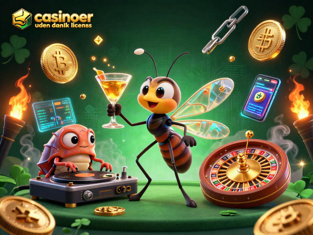 Experience the thrill at casinoer uden dansk licens with an amber mascot and golden elements.