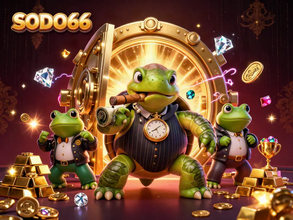 Experience the vibrant SODO66 casino world through a dynamic, engaging 3D illustration showcasing gaming elements and characters.