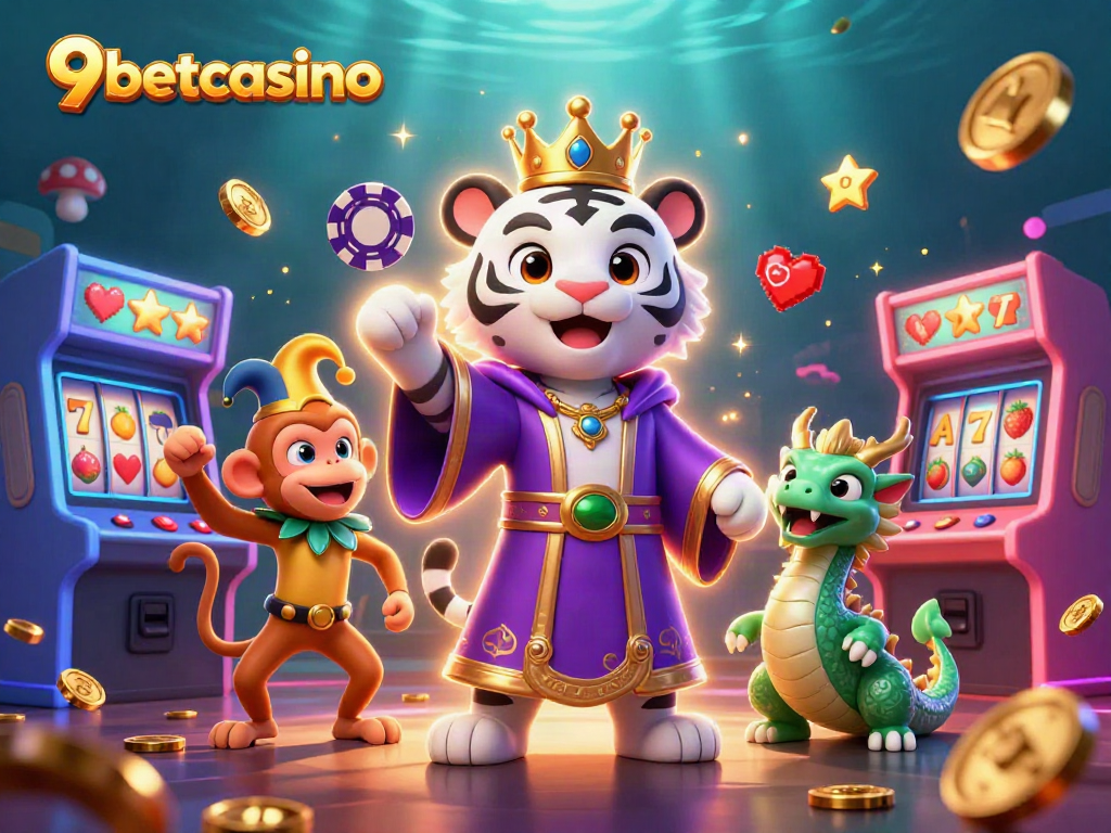 Engage in thrilling gameplay at 9betcasino with an enchanting scene featuring vibrant casino characters.