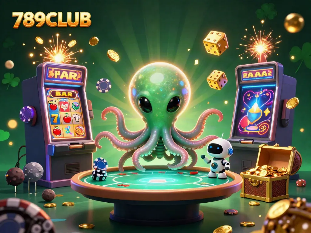 Experience the dynamic excitement of 789CLUB with an alien octopus playing holographic poker amidst a wealth of casino themes.