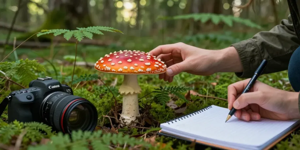 Fliegenpilz kaufen in einem zauberhaften Wald mit Nahaufnahme und botanischen Notizen.