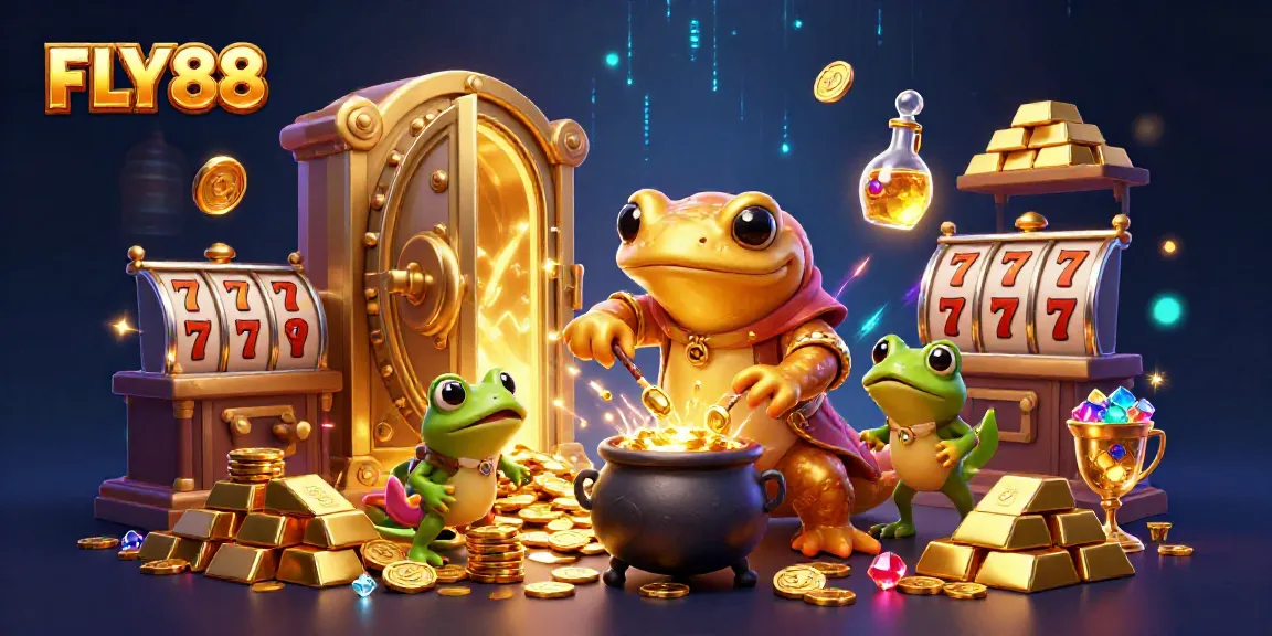 Engage in exciting gameplay and win at FLY88 with golden treasures, slot reels, and magical elements.