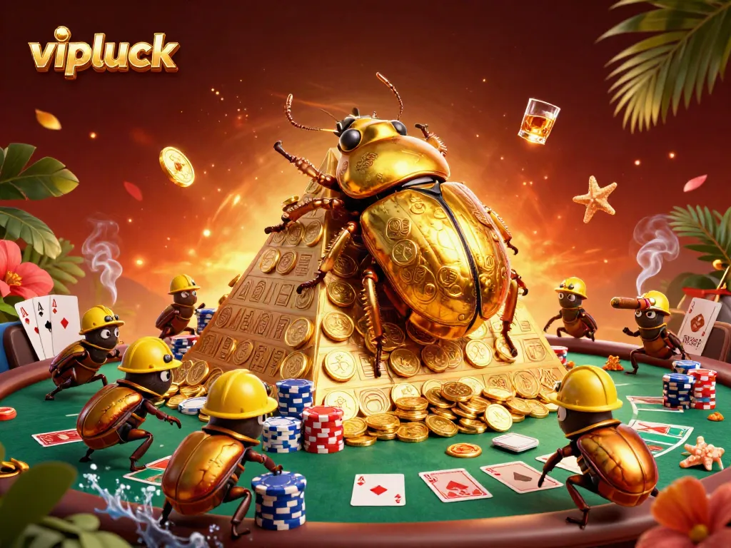 Experience exciting gameplay at vipluck, featuring a cartoon beetle in a vibrant casino environment.
