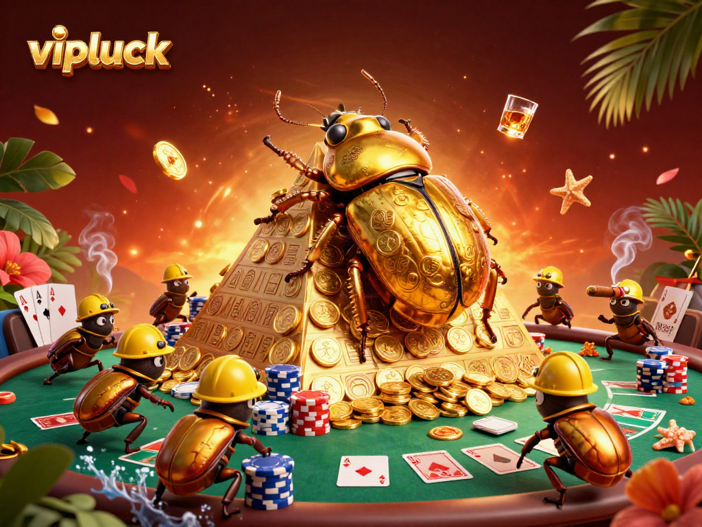 Experience exciting gameplay at vipluck, featuring a cartoon beetle in a vibrant casino environment.
