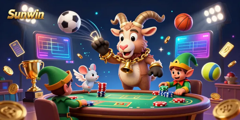 Experience the thrilling atmosphere of Sunwin's online casino with a festive Krampus goat, playful gremlins, and vibrant game elements.