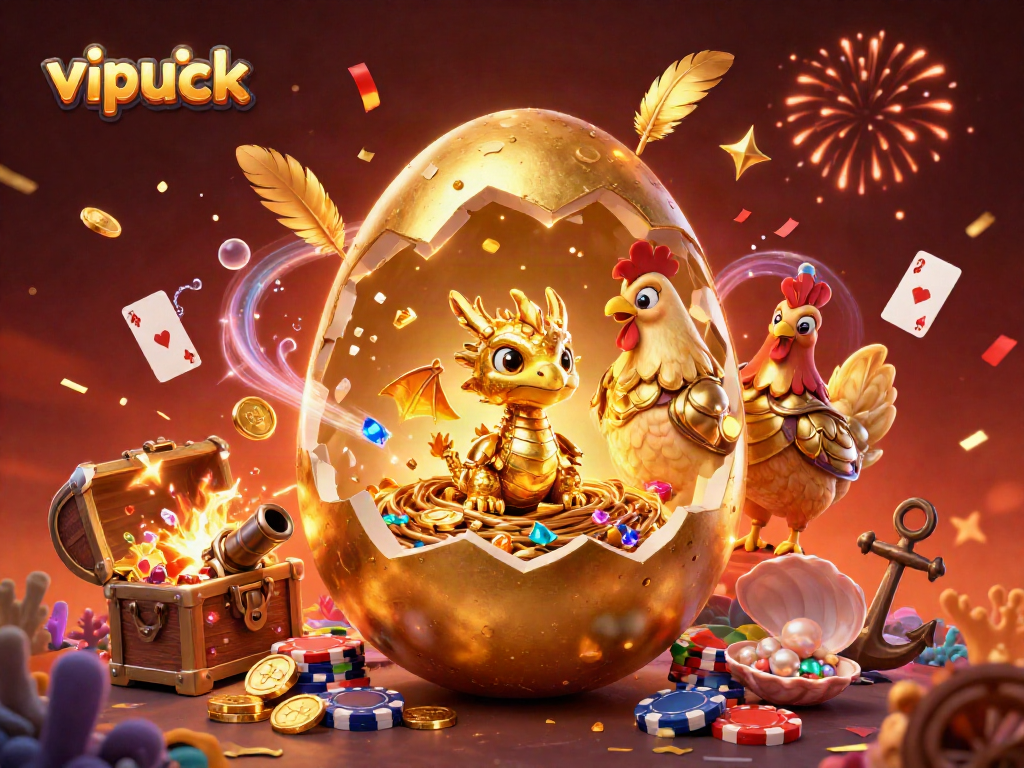 Experience thrilling wins with vipluck, where golden treasures and poker chips abound in a lively casino scene.