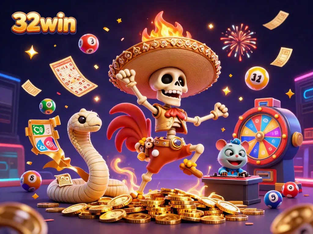Skeleton mariachi rooster celebrates with coins and vibrant elements at 32win online casino.