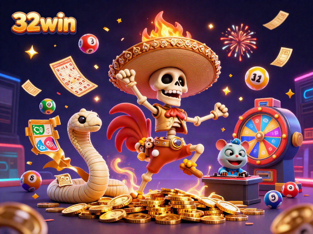 Skeleton mariachi rooster celebrates with coins and vibrant elements at 32win online casino.