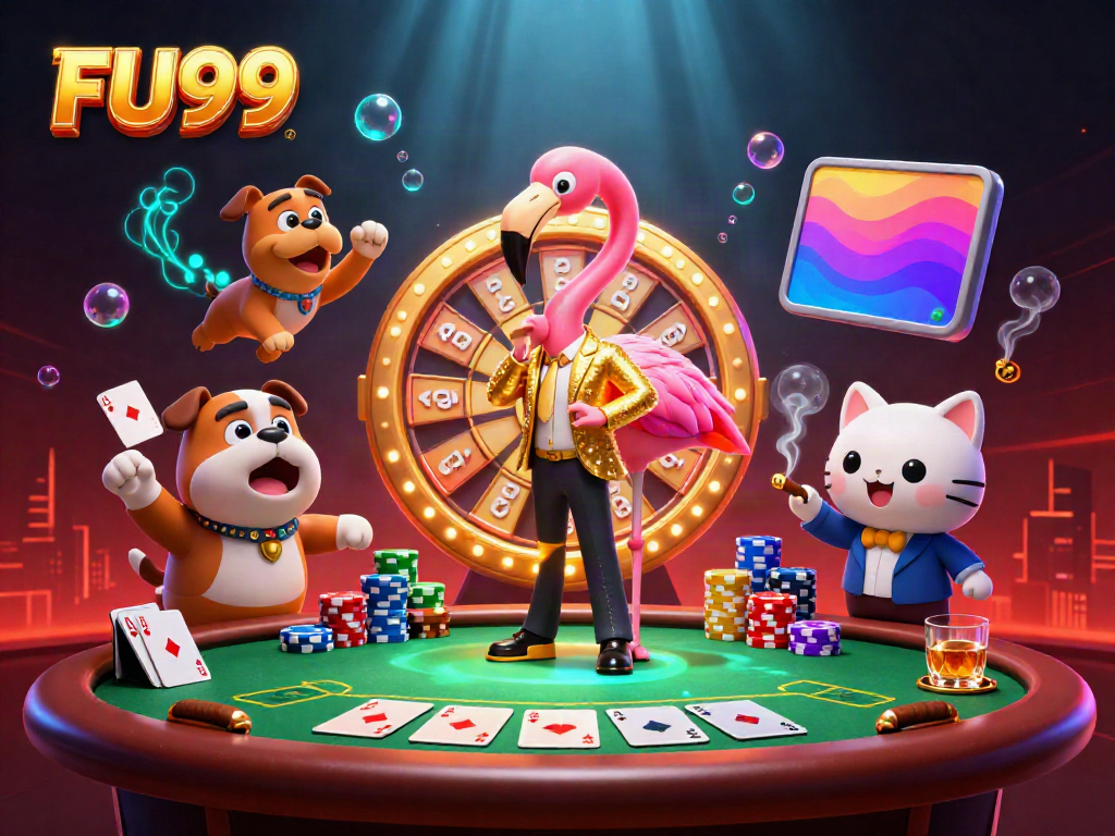 Join the excitement at FU99 with a dynamic 3D scene showcasing gambling elements and joyful characters.