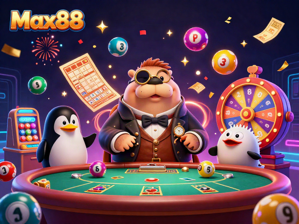 Max88 casino scene showcasing a victorious walrus, dealer penguin, and bluffing pufferfish at an exciting underwater poker table
