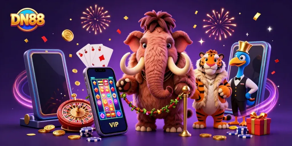 Engage with DN88 at the casino door, featuring a mammoth bouncer and a saber-tooth tiger guest amidst slots and festive confetti.