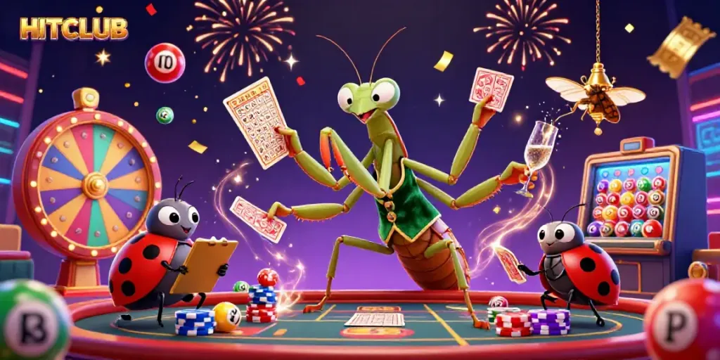 Experience HITCLUB in an energetic casino scene where a mantis card sharp and ladybug pit boss celebrate with lottery elements.