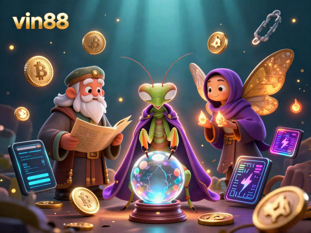 Experience exciting wins at vin88 with a lively 3D casino scene featuring fortune tellers and glowing cryptocurrency.