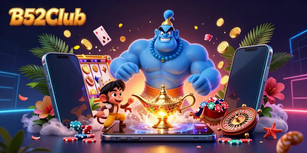 B52Club delivers a magical gaming experience with a vibrant genie and poker-themed elements.