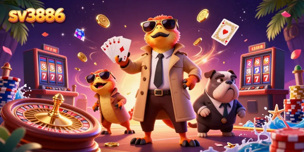 Spin the reels at sv3886 while cartoon raptors comically navigate a VIP casino entry challenge.