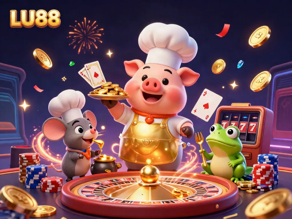 Experience LU88's vibrant casino scene with golden coins, games, and joyful characters.