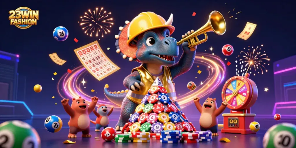 Engage with exciting gambling visuals at 23WIN FASHION featuring vibrant lottery balls and celebratory characters.