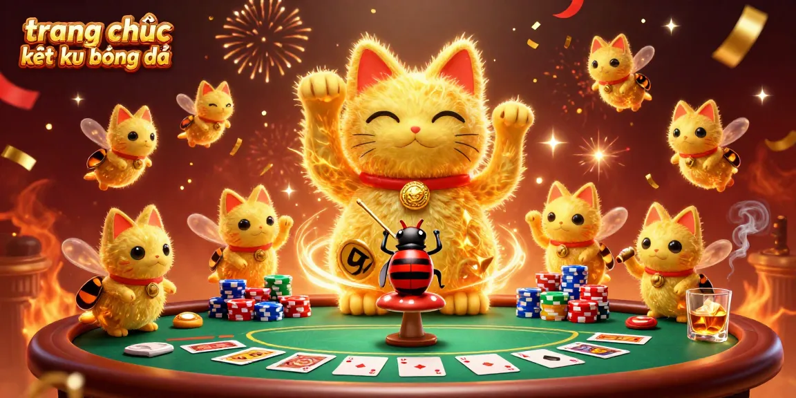 Engage with the energetic scene of "trang chủ kết quả bóng đá" where golden fireflies form a lucky cat amidst casino excitement.