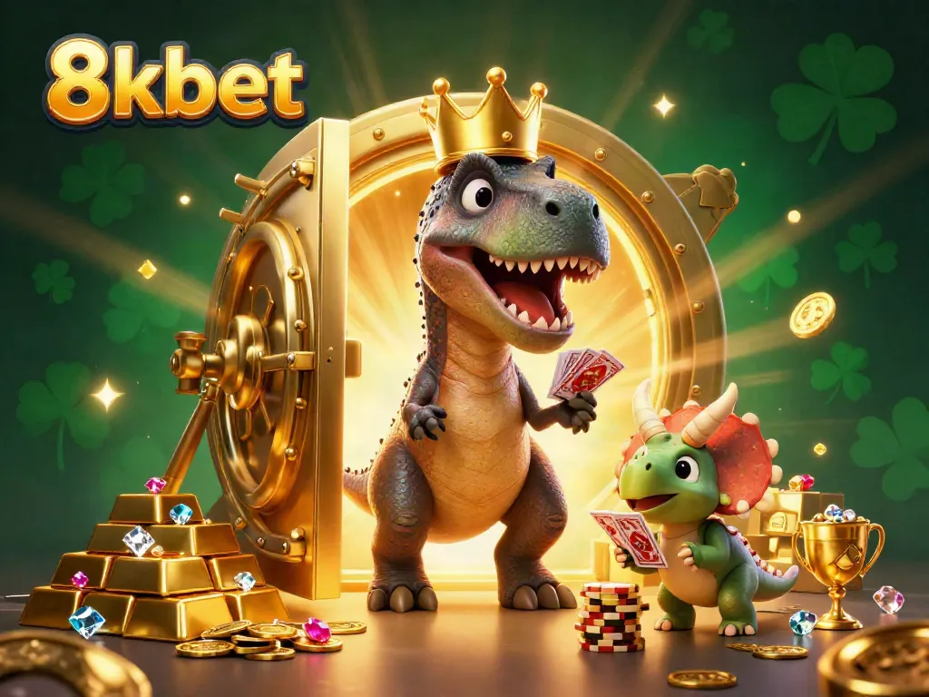 Experience the thrill of 8kbet's vibrant casino world with friendly dinosaurs stacked with golden chips.
