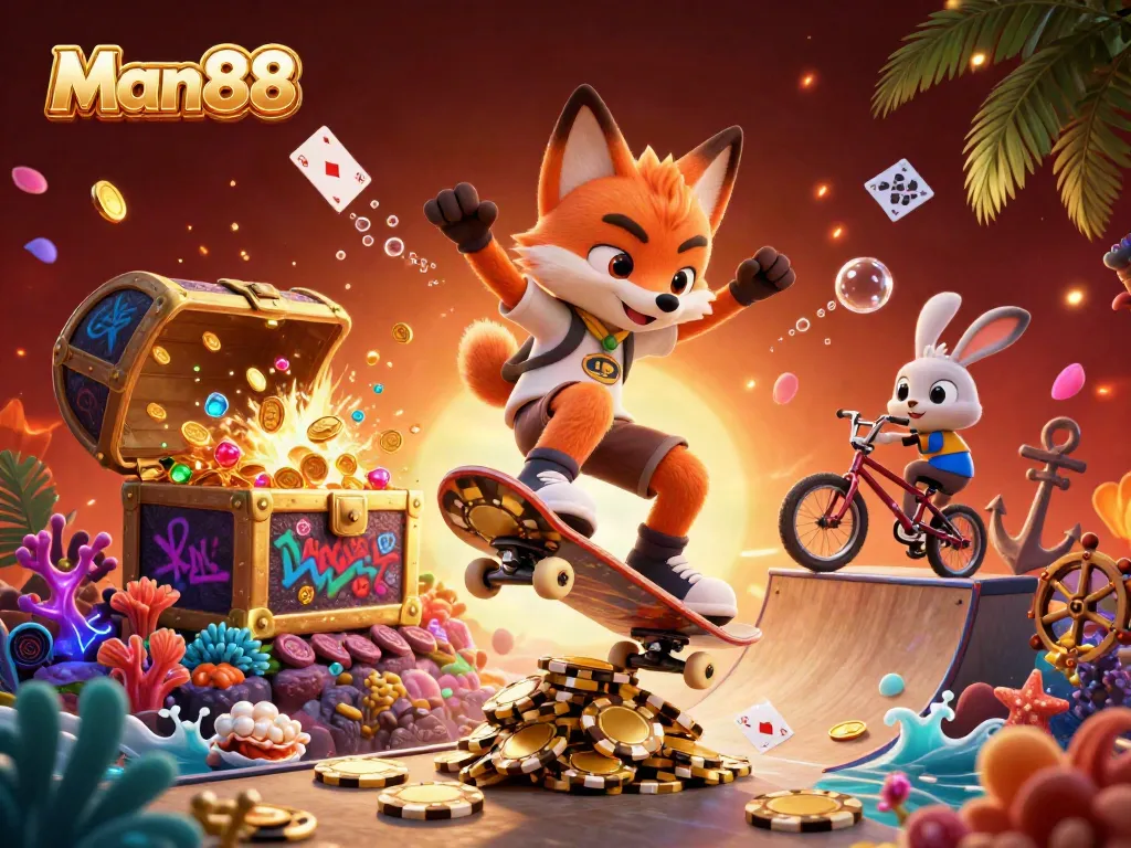 Man88 fox skateboarder performing tricks on golden poker chip ramp in a vibrant casino-themed illustration