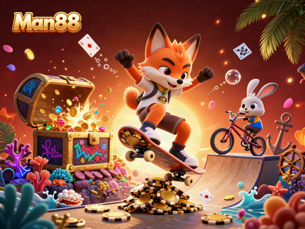 Man88 fox skateboarder performing tricks on golden poker chip ramp in a vibrant casino-themed illustration