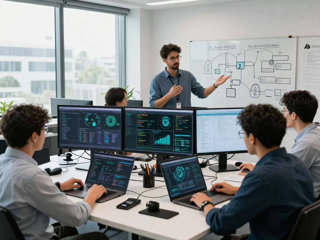 IT Service Frankfurt: Professionelles Team analysiert Cybersecurity-Daten in einem modernen Büro.