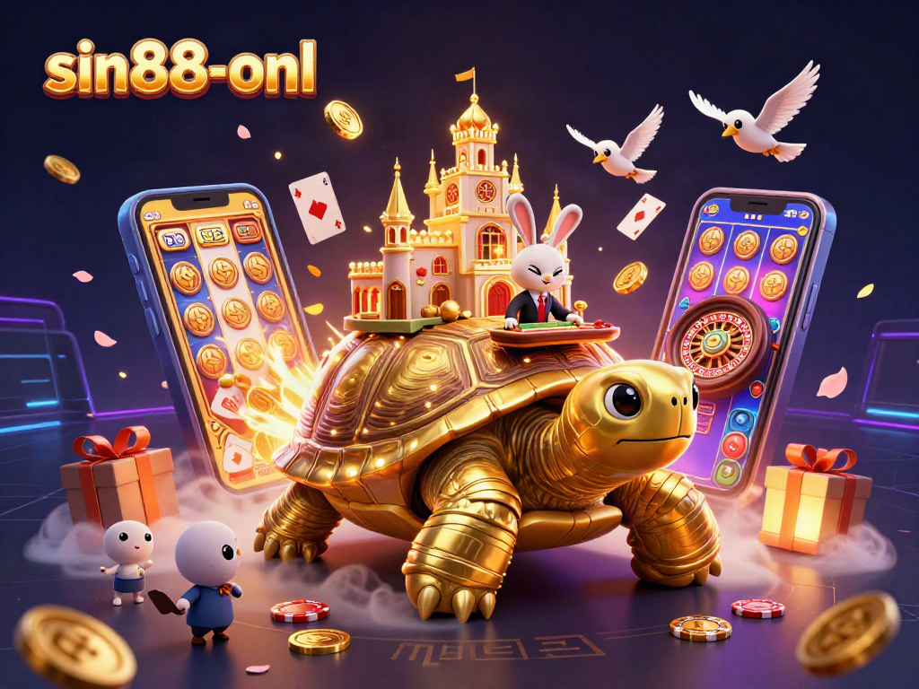 Engage with the sin88-onl platform through a vibrant casino scene featuring a tortoise casino, dealer, and flying coins.
