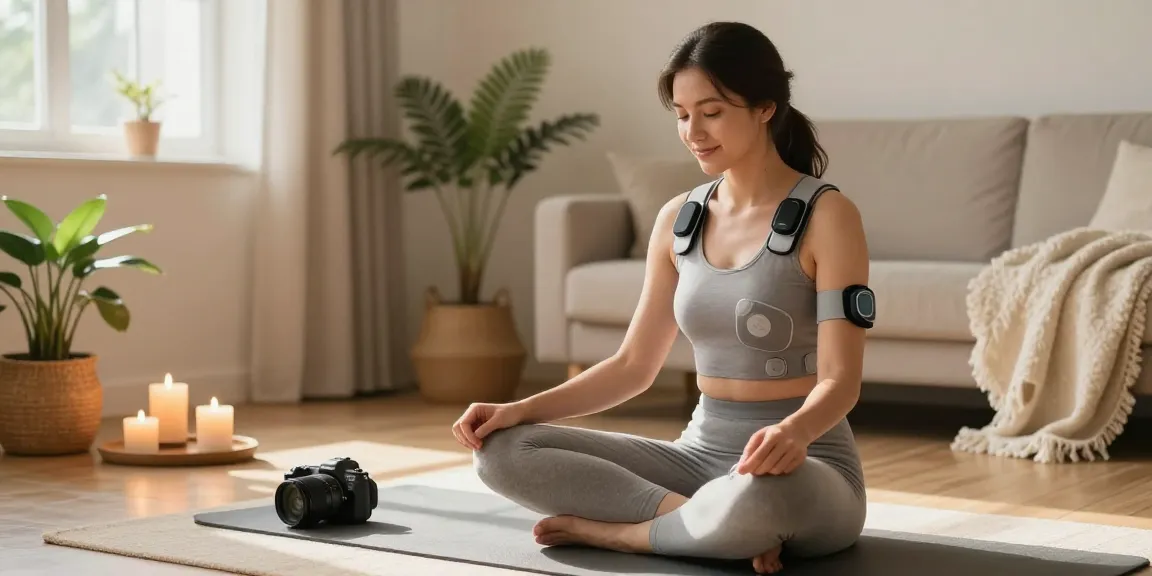 Vagusnervstimulation gerät testsieger showcased in a tranquil home setting, woman using device for stress relief and relaxation.