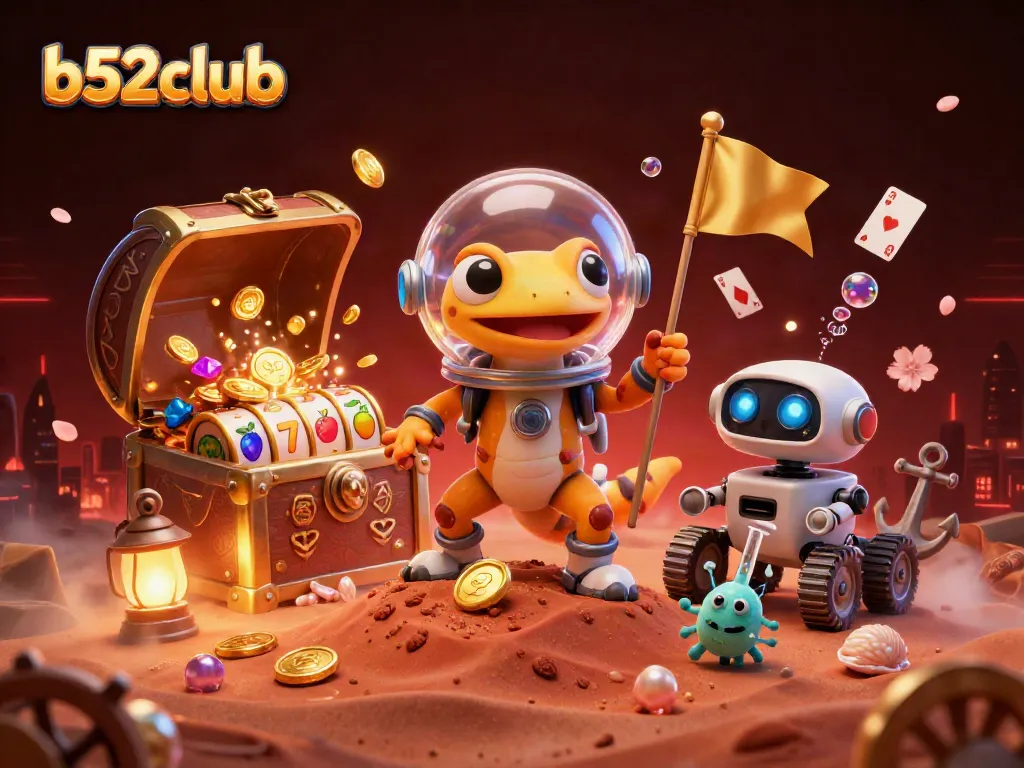 Engage with b52club’s vibrant casino scene featuring a Martian gecko and exciting gaming elements.