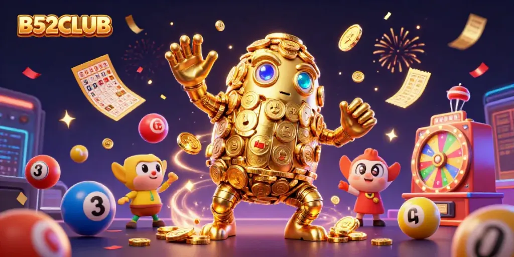 B52CLUB showcases a lively digital casino scene with a golden golem and dynamic lottery elements.