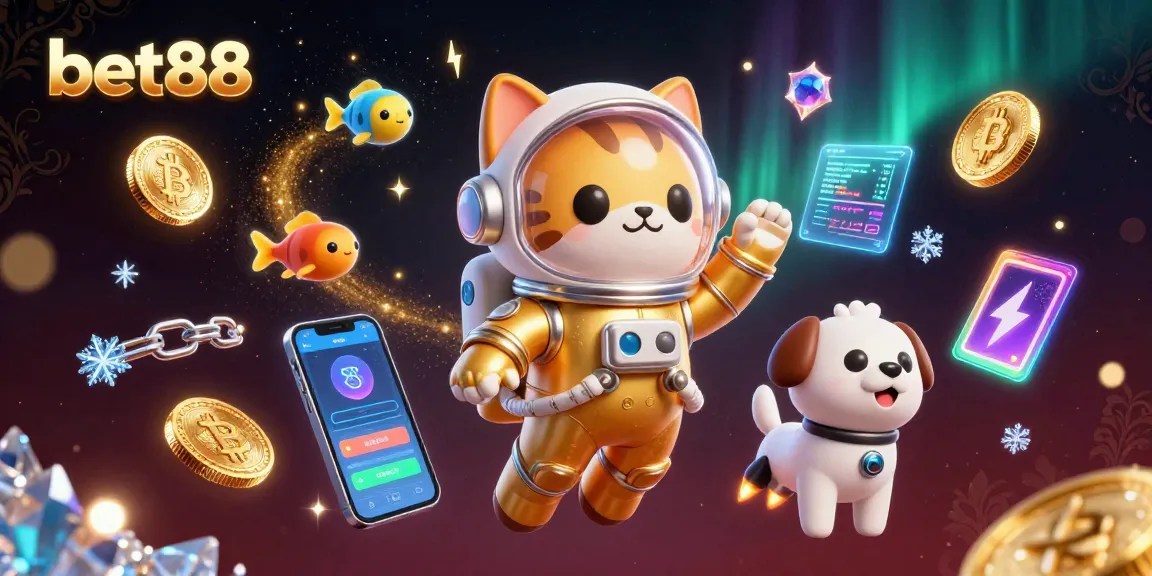 Bet88 showcases a dynamic illustration of a golden astronaut cat and robot dog in a cosmic casino adventure.