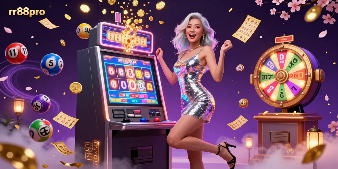 Win big at rr88pro with a vibrant scene of a joyful player celebrating a jackpot next to dynamic casino elements.