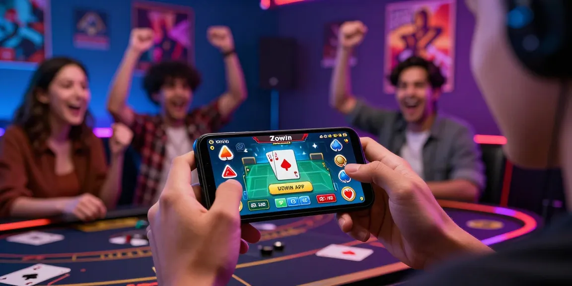 Zowin APK game experience with vibrant card games and cheering friends in a lively environment.