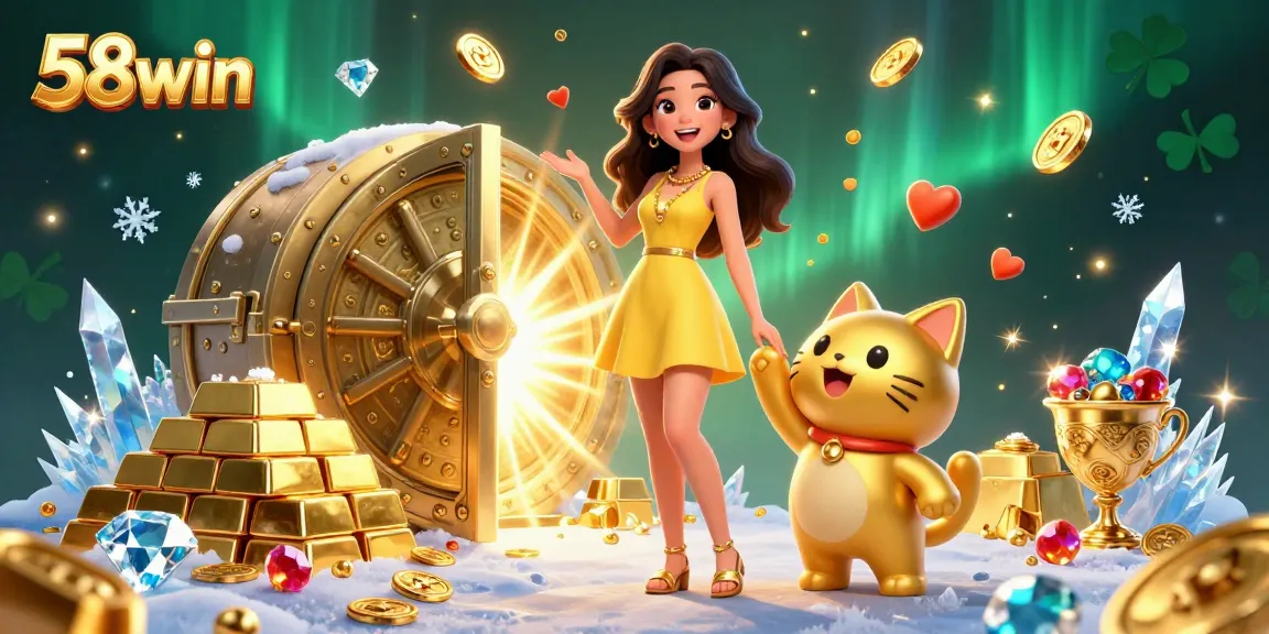 Experience the excitement of 58win with our golden vault bursting with treasures and a cheerful mascot.